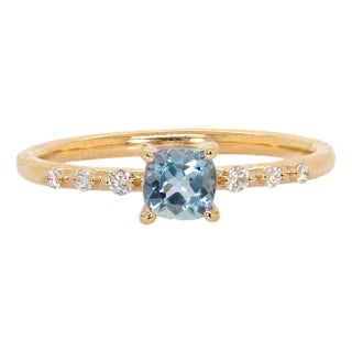 Brazilian Aquamarine Ring W Natural Diamond Accents in Solid 14k Gold | Rd 4mm, Size 6.75 For Sale