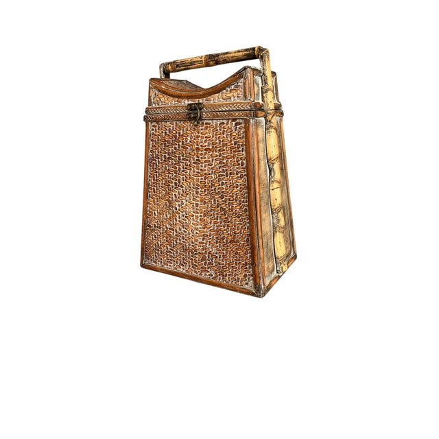 Vintage Chinoiserie bamboo and grasscloth two compartment storage / wine box. Measures 10” w at bottom, 8” w across top x...