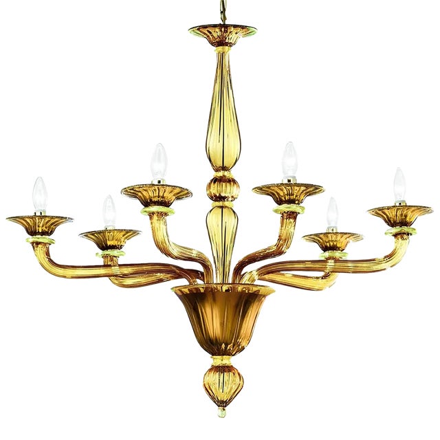 Handcrafted Contemporary Amber Murano Glass Linear Rigadin Chandelier For Sale