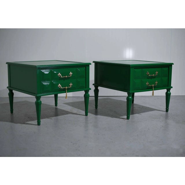 These fabulous Transitional Nightstands are beautifully refurbished in Green. The original brass hardware is bright and...
