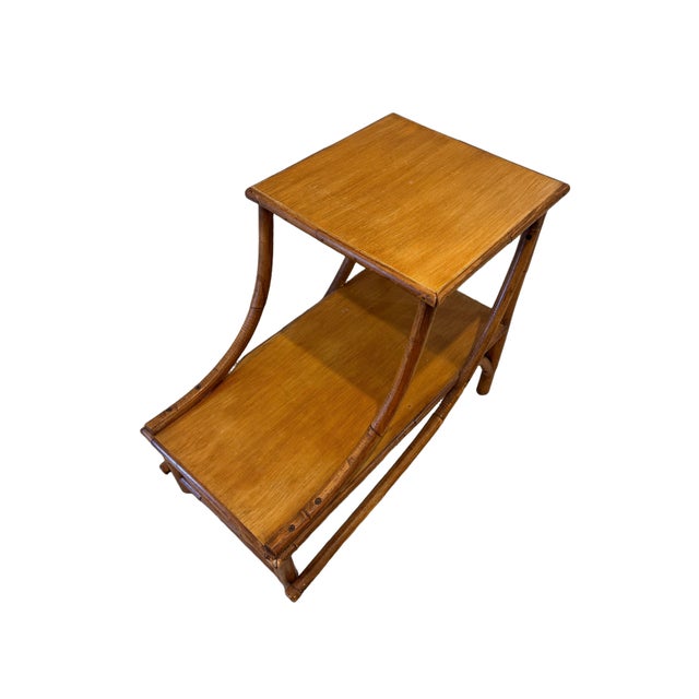 Vintage Heywood-Wakefield Style Rattan & Bamboo Two-Tier Side Table, C. 1960s For Sale - Image 4 of 9