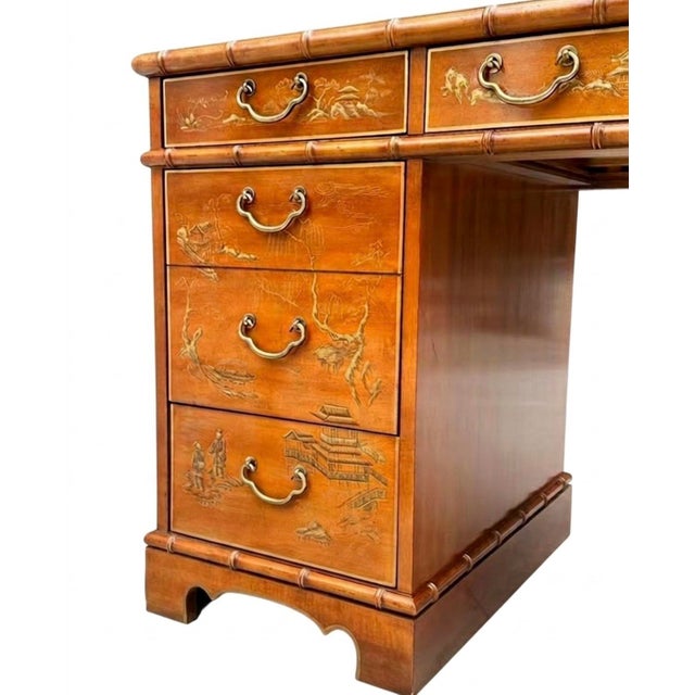 Wood Faux Bamboo Leather Top Desk For Sale - Image 7 of 11