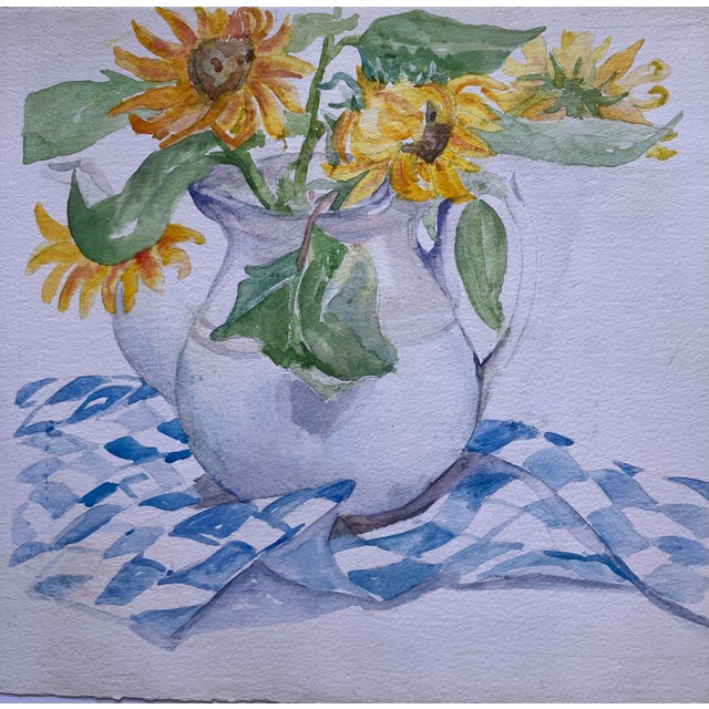 Contemporary 1980’s Original Impressionist Watercolor Painting Sunflowers in Pitcher For Sale - Image 3 of 3