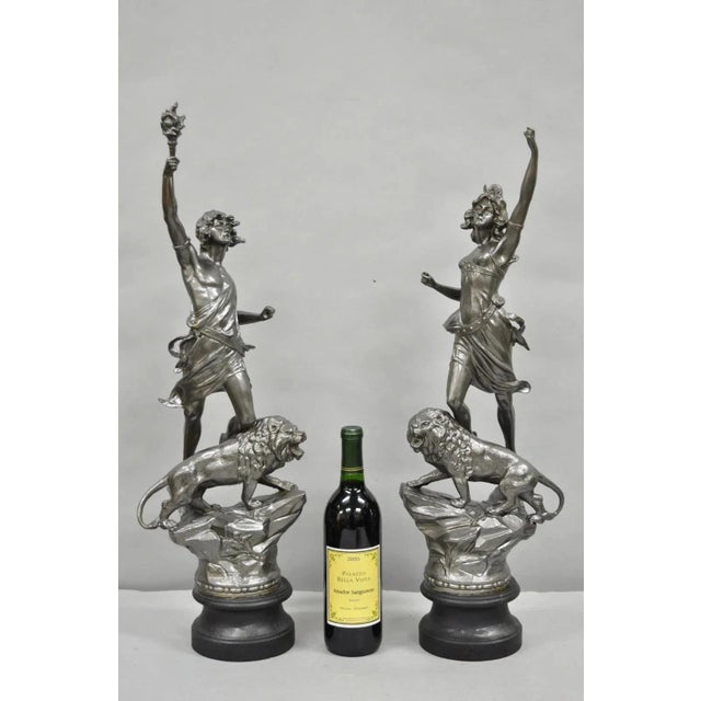 Antique French Renaissance "Le Force & Le Pouvoir" Spelter Metal Sculptures Raised on Wooden Bases - a Pair. Circa Early...