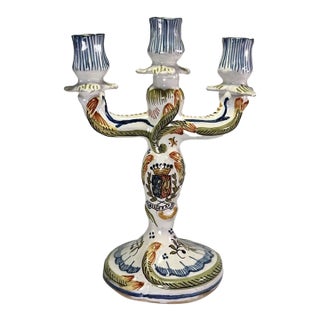 Vintage French Faience Hand Painted Ceramic Candle Holder Candelabra For Sale