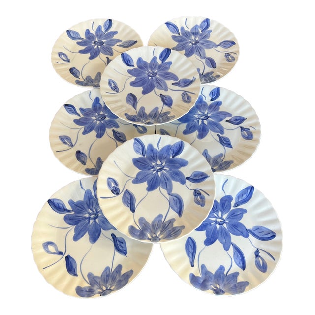 Antique Blue Ridge Southern Potteries Hand Painted Blue and White Flower Plates - Set of 8 For Sale