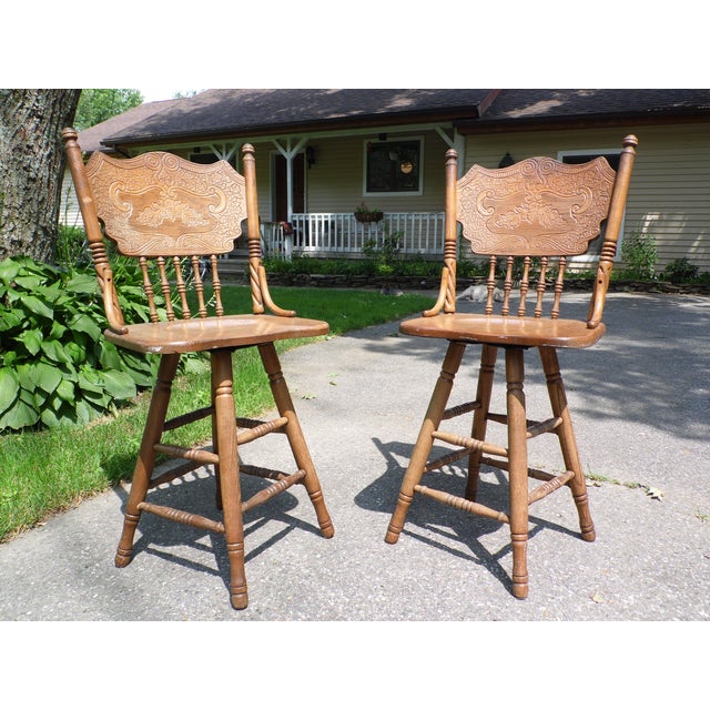 Vintage Pair Solid Oak Press Back & Spindle Swivel Counter Bar Stools