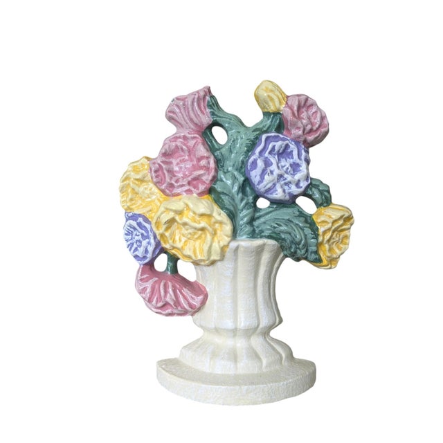 White Antique Basket of Flowers Floral Cast Iron Hubley Doorstop For Sale - Image 8 of 9