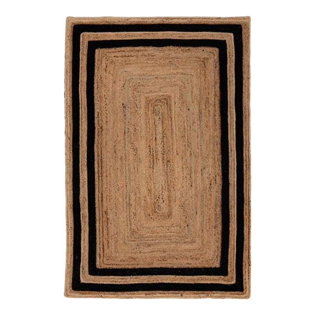 4'x6' Black Border Rectangle Jute Handmade Rug For Sale