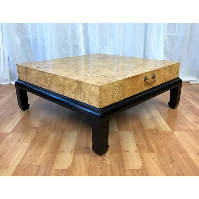 Burl Veneer Wood Coffee Table With Drawers Attributed to Henredon