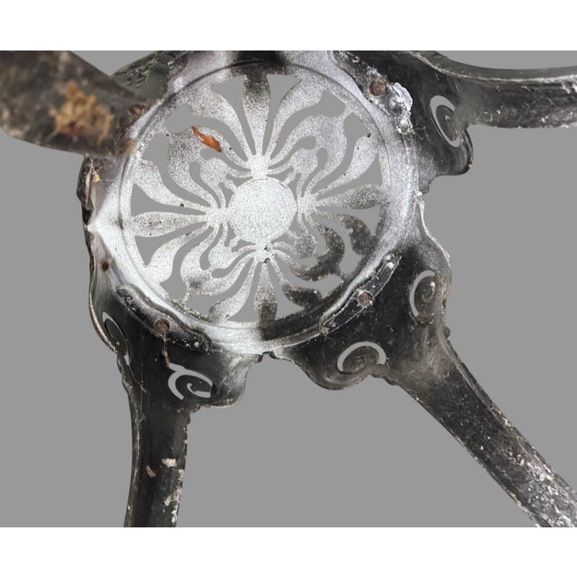 Pair Vintage Cast Aluminum Patio Garden Chairs Greek Key Shell Back Black Metal For Sale - Image 6 of 7