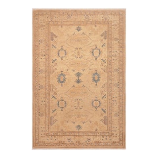 Shabby Chic Ziegler Tan Blue Hand-Knotted Wool Rug - 5'11'' X 8'10'' For Sale