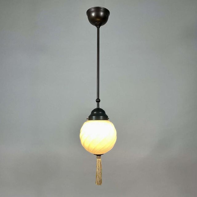 1930s Art Deco Opaline Glass and Burnished Brass Pendants, Germany 1930s, Set of 2 For Sale - Image 5 of 17