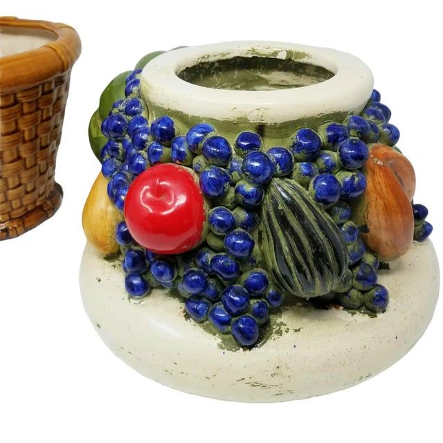 Vintage Topiary Porcelain Fruit Plant Stand With Basket Weave Cache Pot For Sale In Tampa - Image 6 of 12