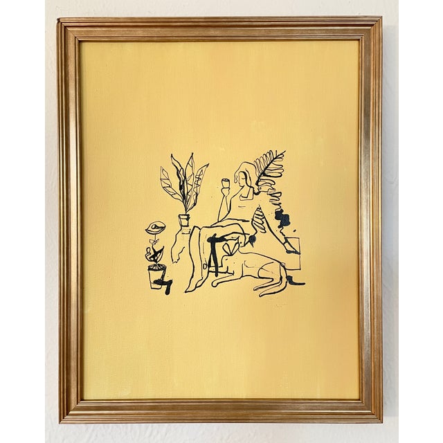 Original Yellow Ink Painting of a Woman Reclining With Cat by Max and Alma For Sale - Image 4 of 7