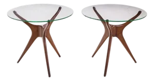Vladimir Kagan for Dreyfuss Mid Century Walnut Tri-Symmetric Sculptural Side Tables - Pair