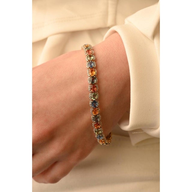 Metal 17.85 Ct Multi Sapphire Wedding Tennis Bracelet With Diamonds in 14k Yellow Gold For Sale - Image 7 of 11