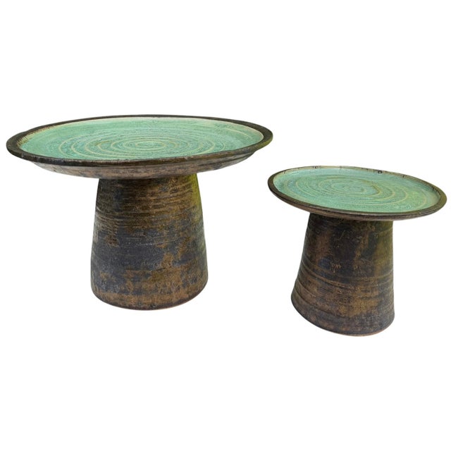 Mid-Century Modern Vintage Organic Modern Studio Pottery Pedestal Bowls, Graduated Pair For Sale - Image 3 of 12