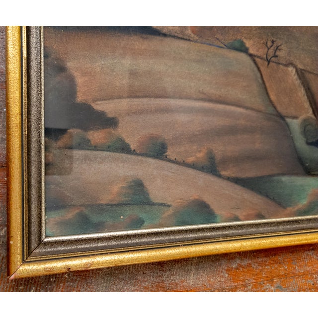 Mid-Century Modernist Oil Pastel Landscape Painting, Signed Bower For Sale - Image 9 of 16