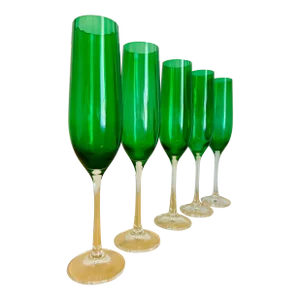 Vintage Green Crystal Champagne Flutes- Set of 5