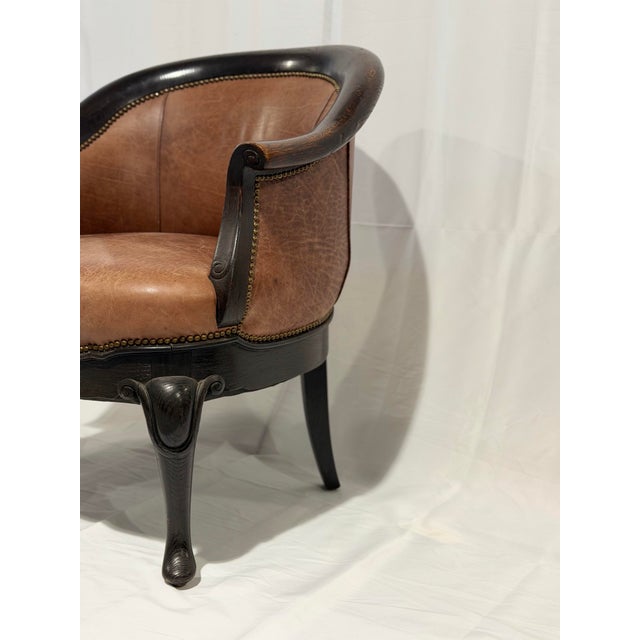 Late 20th Century Vintage Leather Barrel Back Accent Chair With Carved Wood Frame For Sale - Image 5 of 8