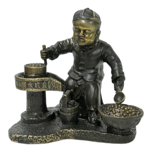 Vintage Bronze Color Metal Old Style Dressing Kid Grinding Pose Statue