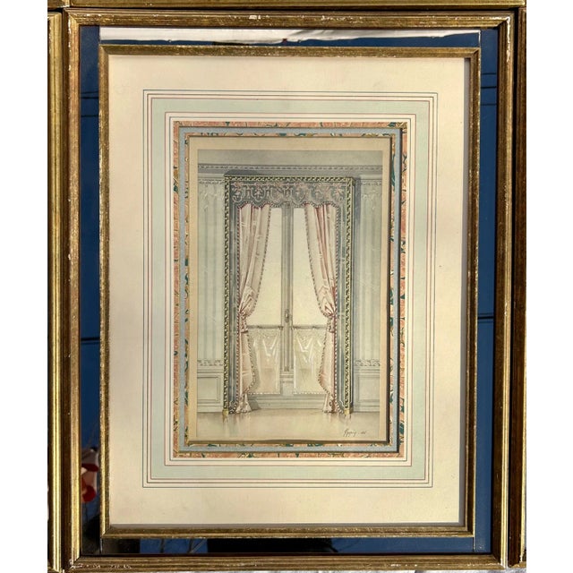 Blue Set of Six Hand Tinted Framed Drapery Designs For Sale - Image 8 of 11