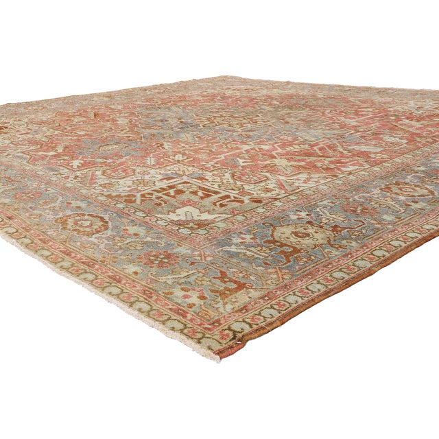 54107 Antique Persian Heriz Rug, 11'07 x 11'01. The Crimson Citadel: An Antique Persian Heriz Masterpiece of Aristocratic...