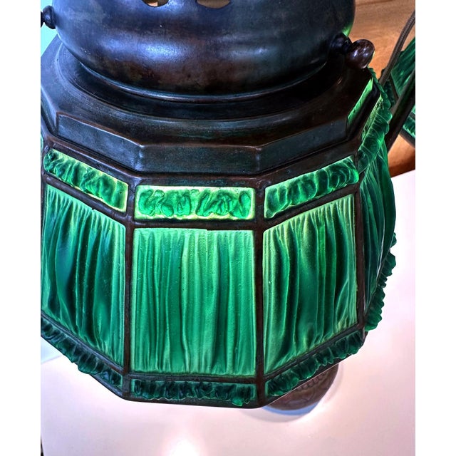 Rare Green Linenfold Double Student Table Lamp Tiffany Studio For Sale - Image 17 of 18