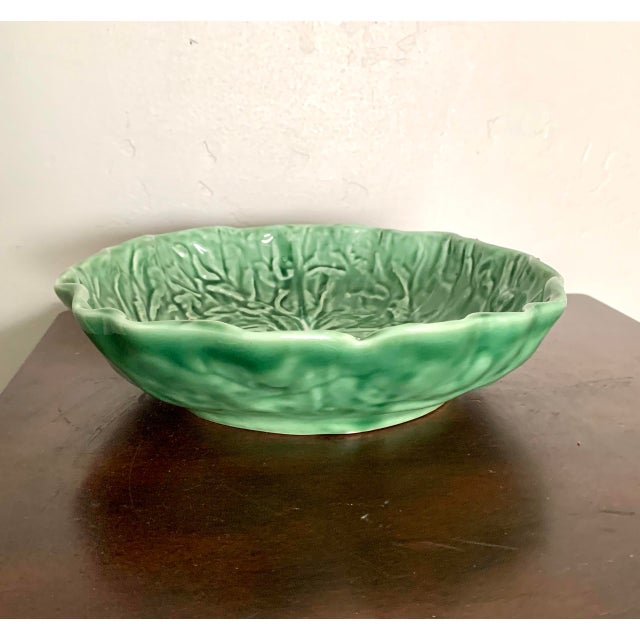 8.5" Vintage Dark Green Majolica Cabbage Leaf Ceramic Bowl