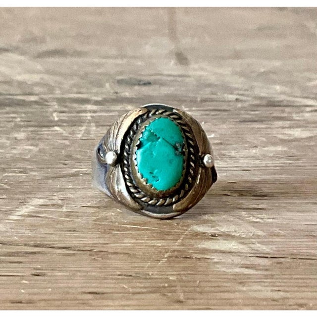 Vintage Boho Turquoise Native American Sterling Silver Ring 7.75 For Sale - Image 4 of 12
