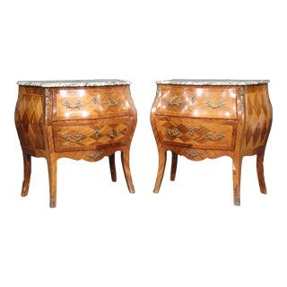 Fine Pair Marble Top French Bombe Form Nightstands Louis Xv, Circa 1940 For Sale