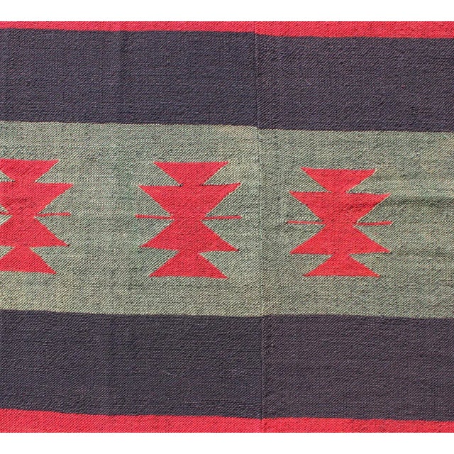 Mid 20th Century Large Vintage Kilim Rug With Tribal Shapes and Stripes in Red, Brown and Green For Sale - Image 5 of 13