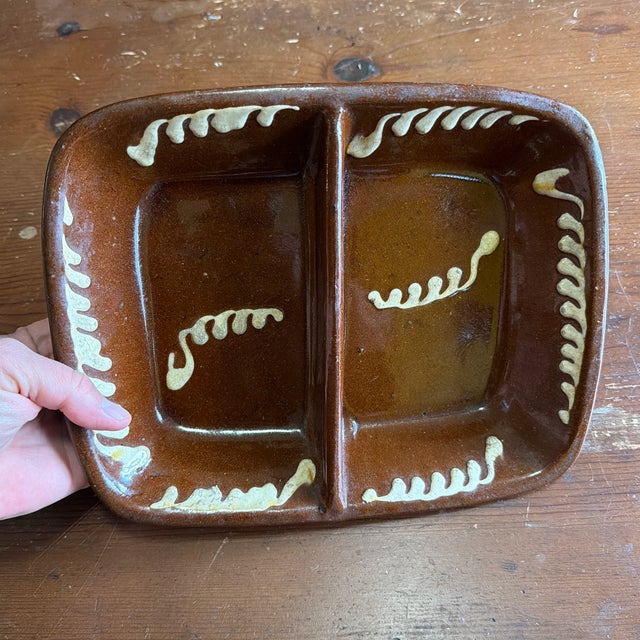 Ceramic Antique English Slipware Decorated Redware Divided Dish, 19th Century For Sale - Image 7 of 12