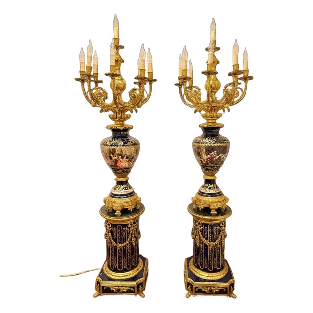 1960s Majestic Pair of Antique Sevres-Style Porcelain & Ormolu Candelabra Lamps on Pedestals 19th Century For Sale