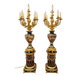 Majestic Pair of Antique Sevres-Style Porcelain & Ormolu Candelabra Lamps on Pedestals 19th Century For Sale