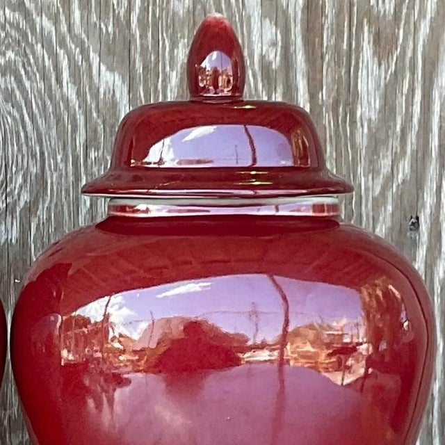 Vintage Asian “Sang De Boeuf” Glazed Ceramic Ginger Jar Urns - a Pair For Sale - Image 12 of 12