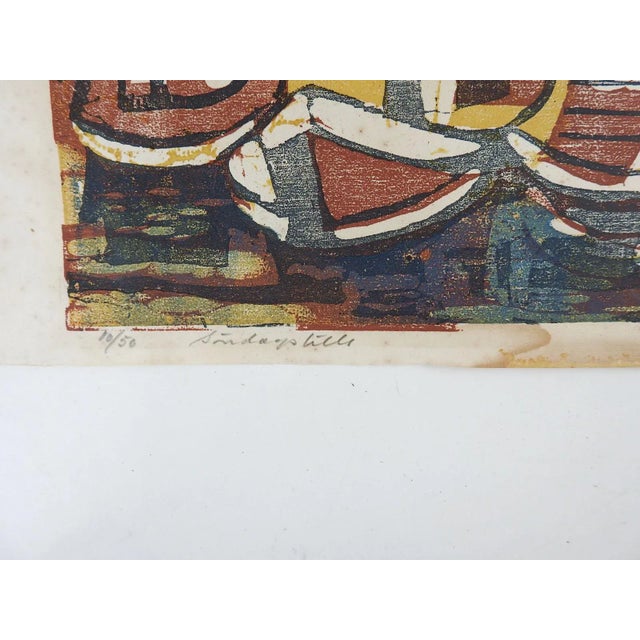 Mid-Century Modern Vintage Mid Century Abstract Harbor Woodcut Print For Sale - Image 3 of 6