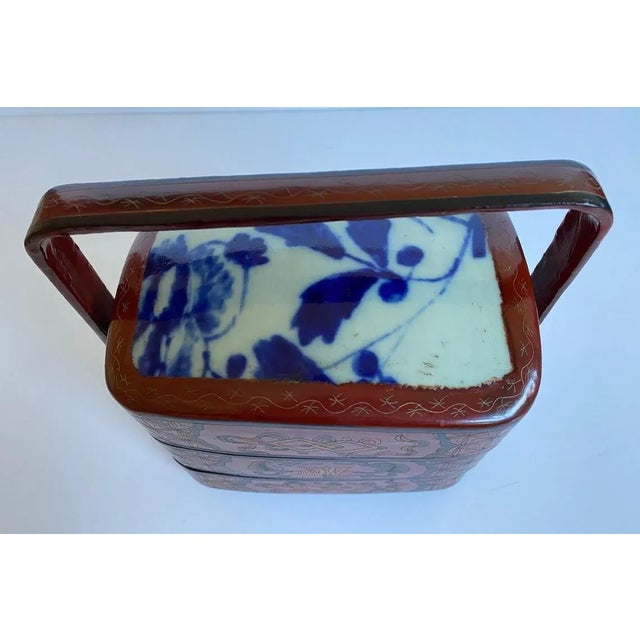 Asian Antique Early 20th Century Vintage Hand Painted Chinese Lunch Box With Blue White Ceramic Insert For Sale - Image 3 of 12