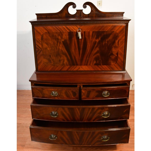 Brown 1920 Antique English Regency Crotch Mahogany Secretary Desk Drop Front Desk For Sale - Image 8 of 15