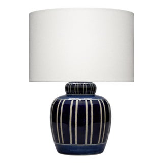 Jamie Young Arthur Ceramic Table Lamp with Linen Shade, Navy Blue For Sale