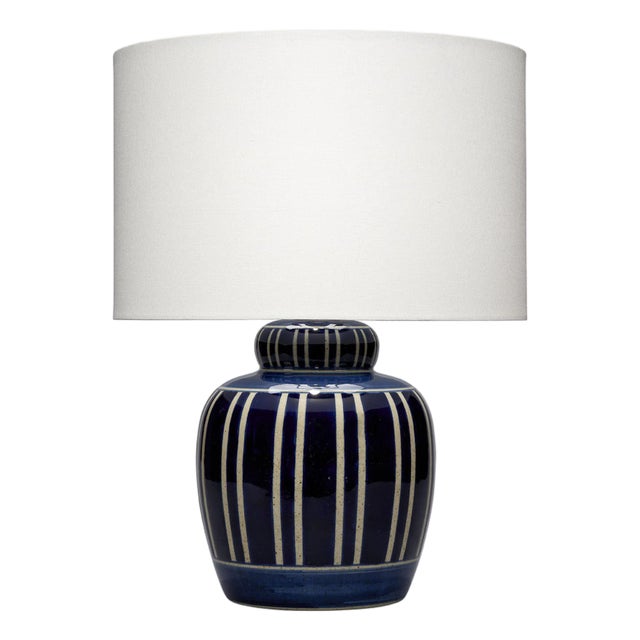 Jamie Young Arthur Ceramic Table Lamp with Linen Shade, Navy Blue For Sale