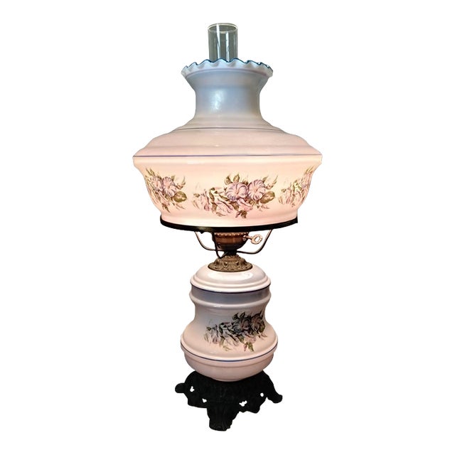 Mid-20th Century Plymouth Harlee Table Lamp With Blue Floral Accents on Milk Glass For Sale