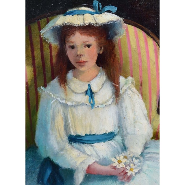 American Portrait of Girl in Blue Dress, Oil on Canvas, Signed, Circa 1970 by Jan Hanson Travis For Sale - Image 3 of 6