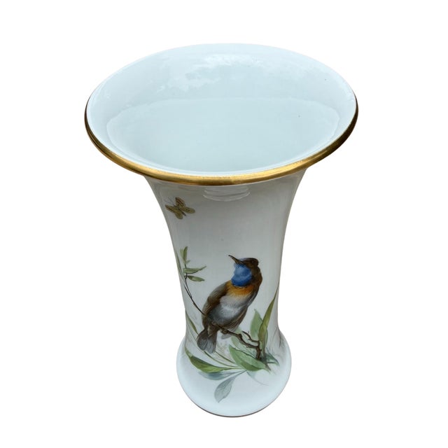 Meissen Porcelain Antique Meissen Hand Painted Bird & Butterfly Porcelain Trumpet Vase 9.5" For Sale - Image 4 of 16