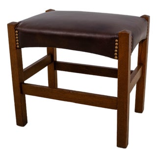 Antique Stickley Mission Oak Arts & Crafts Leather Footstool For Sale