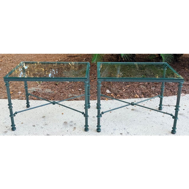 1980s Pair of Giacometti Style Wrought Iron Verdigris Finish Glass Top Side Table For Sale - Image 5 of 12