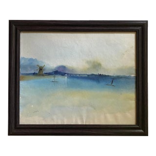 "Serenity of the Windmill" Contemporary Watercolor Painting by Satori Gregorakis, Framed For Sale