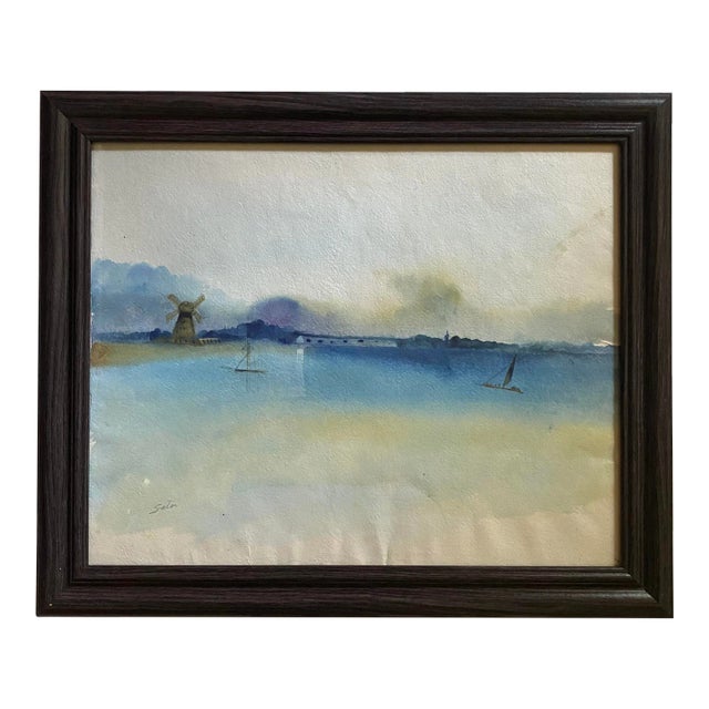 "Serenity of the Windmill" Contemporary Watercolor Painting by Satori Gregorakis, Framed For Sale
