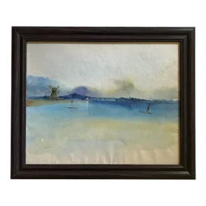"Serenity of the Windmill" Contemporary Watercolor Painting by Satori Gregorakis, Framed